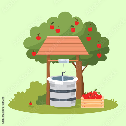 Cute Water Well with a Small Apple Tree, a Charming and Minimalist Illustration of a Traditional Countryside Setting