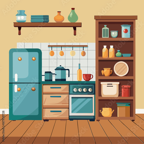 Modern flat vector cartoon kitchen interior with elegant open shelving and blue refrigerator