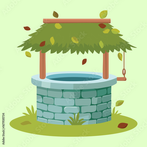 An Isolated Stone Water Well with Lush Green Moss and Leaves, a Simple Yet Evocative Image of Purity and Country Life