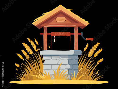 Whimsical Water Well in a Field of Golden Wheat, Evoking a Sense of Harvest and Abundance in a Countryside Setting