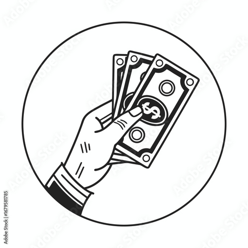 Illustration of a hand in a suit sleeve holding a fan of us dollar bills in a circular frame