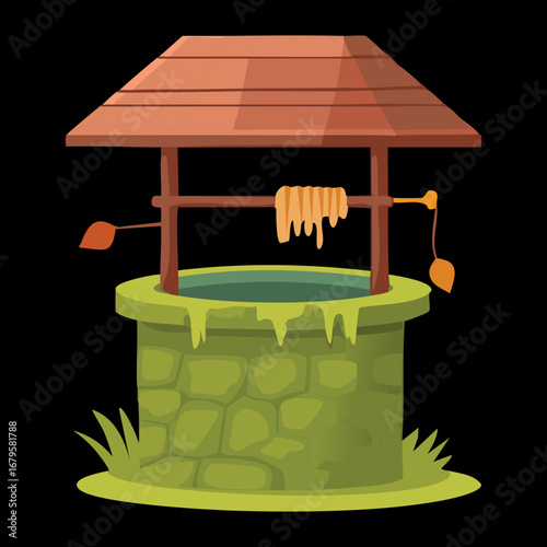 Magical Water Well in a Serene Garden Setting with Lush Greenery and Sparkling Water, Ideal for Fantasy Concepts