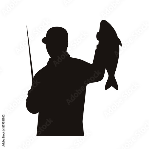 Silhouette of a fisherman holding a fish and a fishing rod