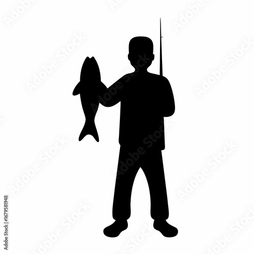 Silhouette of a man holding a fish and fishing rod, isolated on white