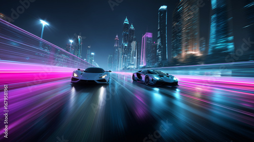 Two racing sports cars speed down a neon-lit road, capturing adrenaline, motion, and the futuristic thrill of high-speed performance.