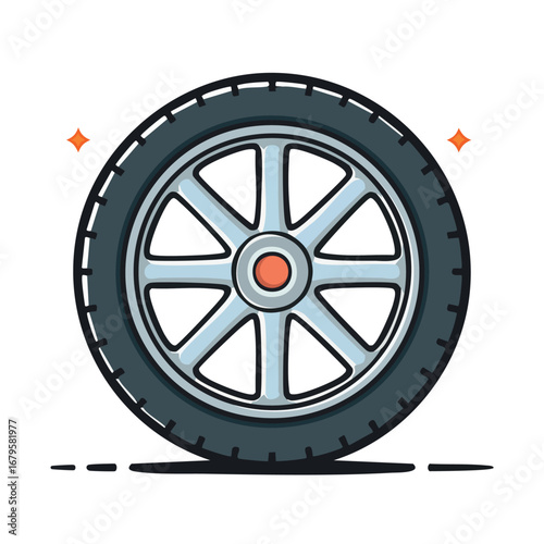 Simple line art illustration of a modern car wheel with a shiny multi-spoke alloy rim. Flat vector icon for automotive service or transport concepts