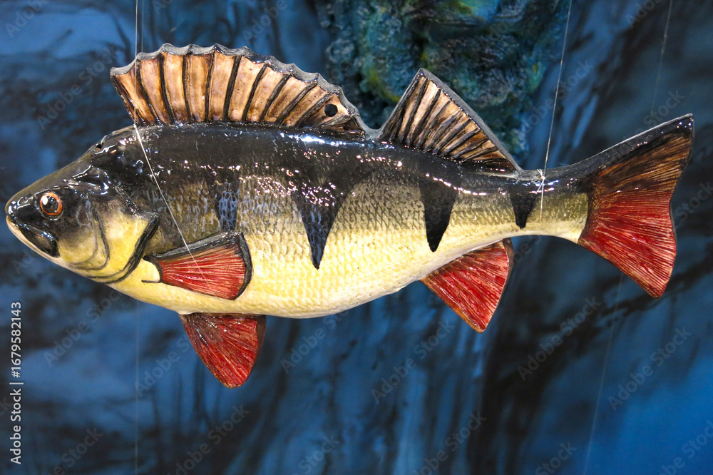 Fototapeta premium A plastic model of a river perch, a species of ray-finned fish from the genus of freshwater perches in the perch family