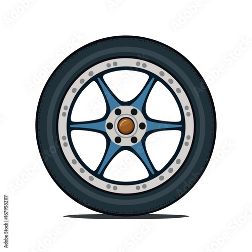 Stylish Car Wheel Vector Graphic with Blue Spokes and Sleek Rim