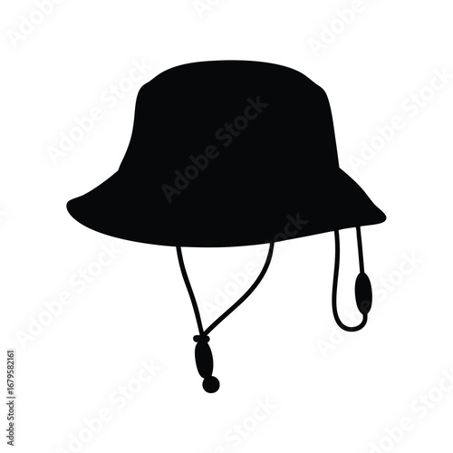 Silhouette illustration of a black bucket hat with adjustable chin strap