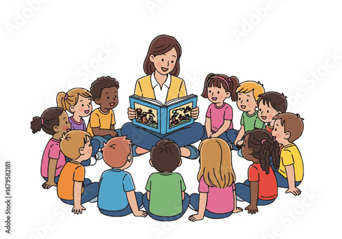 Caring teacher reading a storybook to diverse young children sitting in a circle, a heartwarming educational moment.