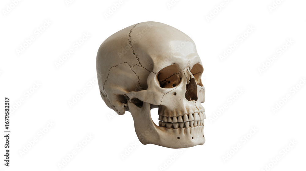 Naklejka premium Anatomical human skull profile for medical reference and Halloween designs, death concept