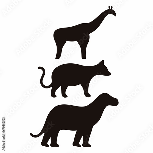 Stylized black animal silhouettes representing a giraffe, cat and mammal