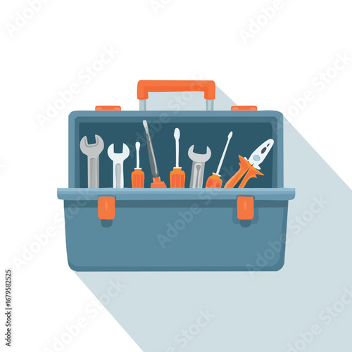 Flat vector illustration of an open blue toolbox filled with various hand tools for repair and maintenance