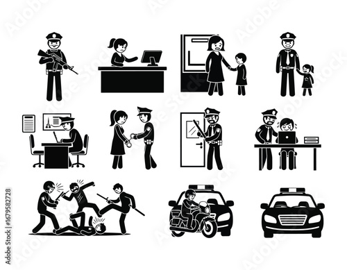 Pictogram Depiction of Various Police Scenarios and Activities Involving Law Enforcement and Citizens in Different Situations and Scenarios
