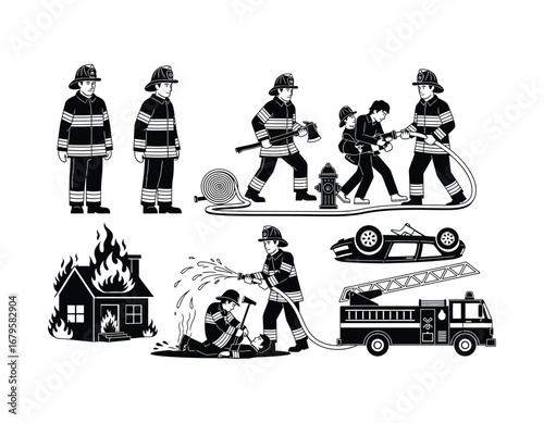 Illustrative Scene of Firefighters Performing Rescue Operations Featuring Burning House and Overturned Car Depicting Bravery and Community Service