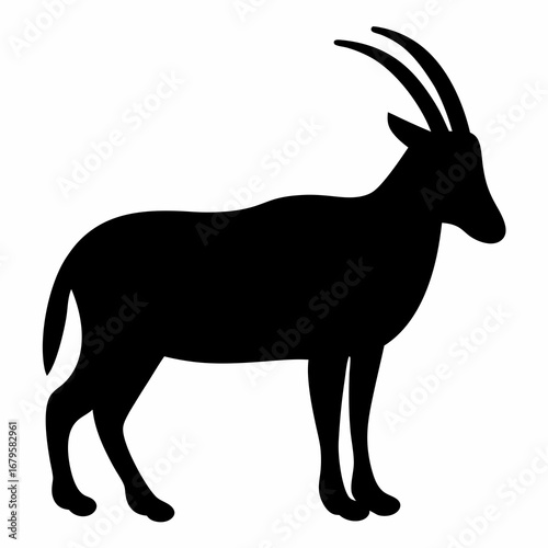 Silhouette of a standing oryx with long horns on white background