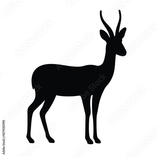Elegant black silhouette of a standing gazelle against a white background