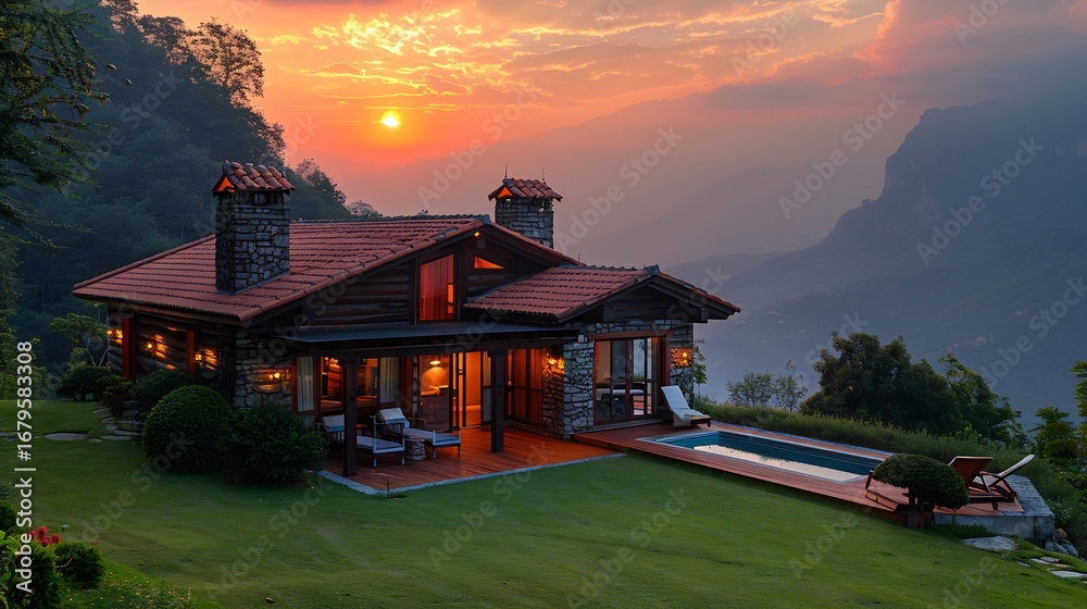 Obraz premium Luxury villa with pool nestled in the mountains during a vibrant sunset
