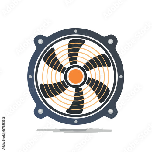 Flat vector illustration of a computer case cooling fan presented in a minimal geometric style. Isolated icon for technology, hardware, and electronic equipment concepts on a clean background