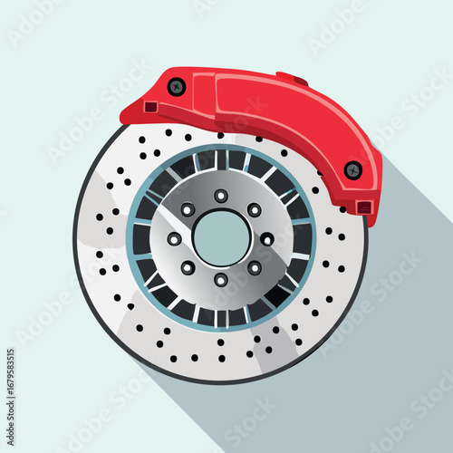 Detailed flat vector illustration of an automotive brake disc and caliper. Minimal geometric style icon for car parts and vehicle service
