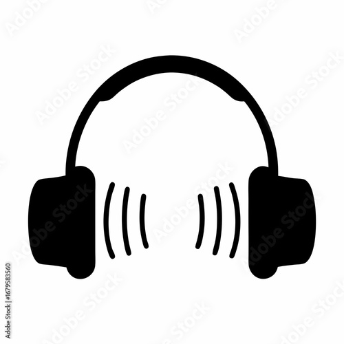 Iconic black headphones with radiating sound waves on white background design