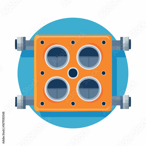 Flat vector illustration of an orange industrial manifold with four ports and side pipes. A clean, modern icon representing engineering, machinery, or a distribution block