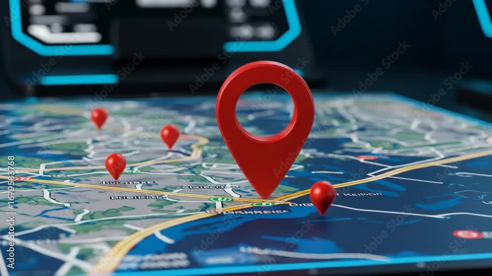 Navigation App with Location Pins on a Map - A large, red location pin ...
