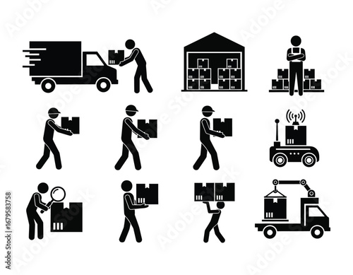 Logistics and Delivery Pictograms Depicting Warehouse Operations and Modern Transportation Methods for Supply Chain Management and Package Shipment