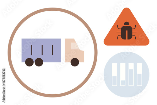Truck in a circle, bug on triangular warning sign, and data bars circle hint at logistics, data security, fleet management, cyber risk, transportation monitoring, delivery systems, simple flat