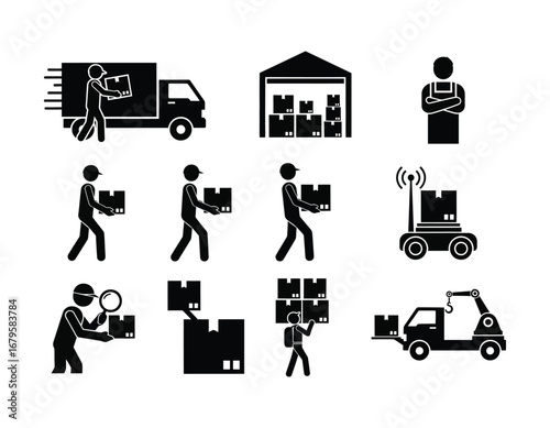 Delivery Service Pictograms Illustrate Shipping Logistics and Transportation of Packages to Customers with Couriers