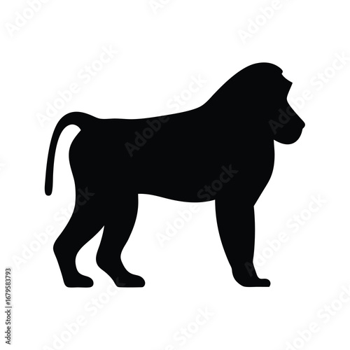 Simple black silhouette of a baboon, isolated on a white background