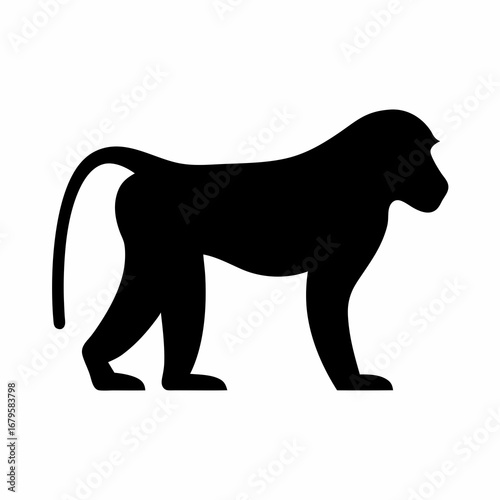Silhouette of a majestic baboon walking on all fours against white background