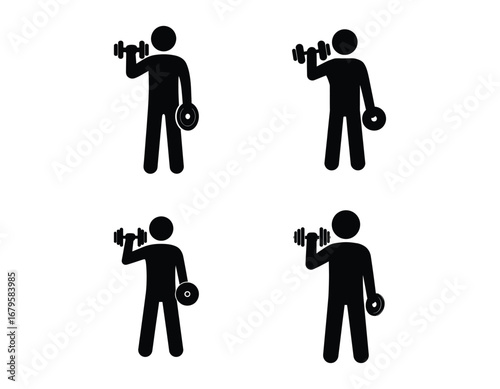 Silhouette Figures Showcasing Weightlifting Exercises with Dumbbells and Plates for Arm Strength Training and Physical Fitness Regimen