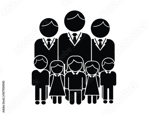 Stick Figure Representation of an Extended Family with Three Adults and Four Children, Symbolizing Kinship and Togetherness
