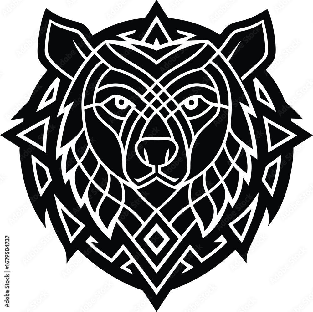 Obraz premium Vector art of geometric black and white tribal design of a bears head, showcasing intricate patterns and sharp lines, ideal for modern branding and artistic applications