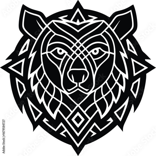 Vector art of geometric black and white tribal design of a bears head, showcasing intricate patterns and sharp lines, ideal for modern branding and artistic applications