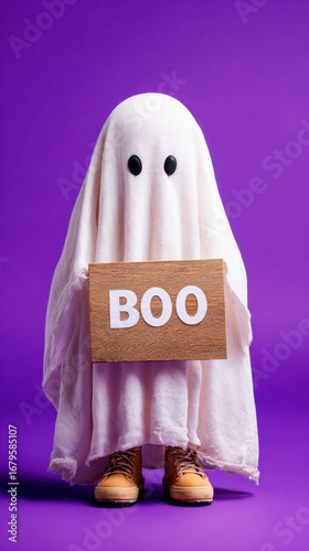 A playful ghost is captured standing against a purple backdrop. It holds a wooden sign displaying the word boo, creating a festive and fun Halloween atmosphere during the fall season
