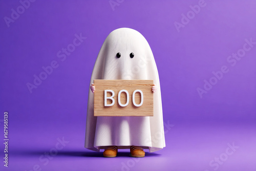 A playful ghost character stands on a bold purple background, holding a wooden sign that reads boo. It captures the fun spirit of autumn and Halloween festivities,boo