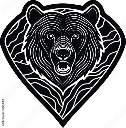 Vector art of stylized black and white illustration of a grizzly bears head in a shield shape, featuring intricate line details and an open mouth, isolated on a