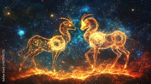 Sagittarius and Aries symbols in a fiery galactic scene, their adventurous spirits glowing brightly under a constellation-filled sky. 