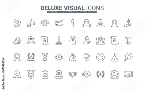 Medal, wreath badge for achievement victory, trophy recognition of champion for first place in championship thin black outline symbols vector illustration. Winners award line icons set.