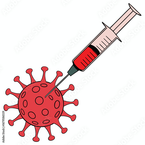 Medical syringe injecting red liquid into a stylized red coronavirus particle representing vaccination and disease prevention