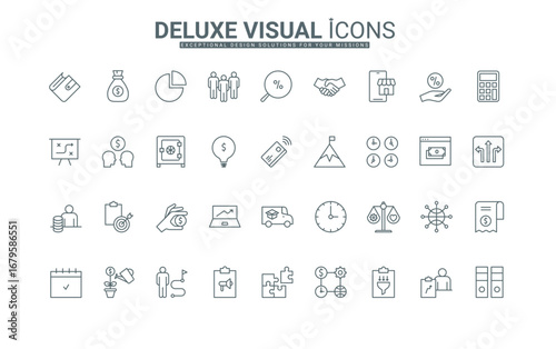 Office work with contract and documents, startup thin black outline symbols vector illustration. Business process, direction of development and strategy, idea for achievement line icons set.
