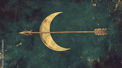 Sagittarius' arrow as a single bold line, pointing toward a minimalist depiction of a crescent moon. 