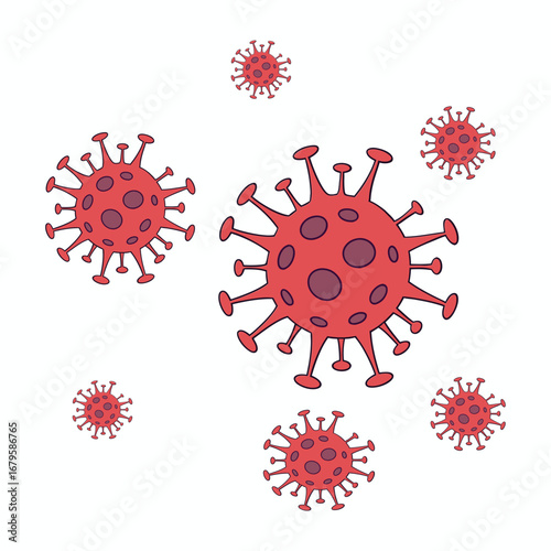 Stylized illustration of multiple red coronavirus particles with distinctive spikes against a white background