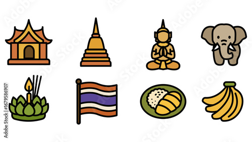 Icon set of Thai culture and food in flat vector style, including temple, stupa, Buddha, elephant, krathong, Thai flag, mango sticky rice, and banana