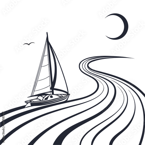 Hand drawn illustration of a sailboat on the sea under the moonlight