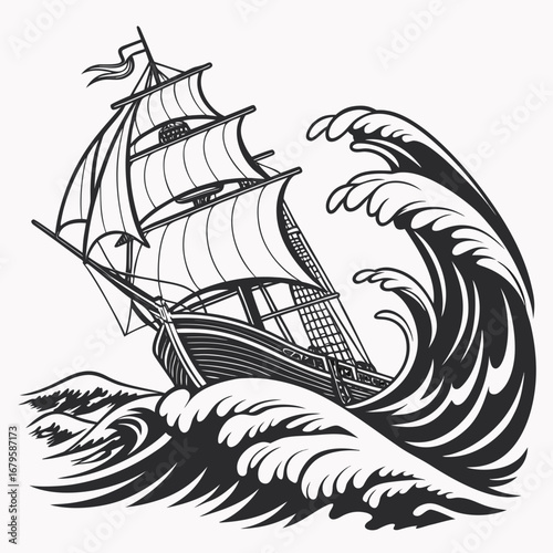 Old sailing ship on the sea wave in black style