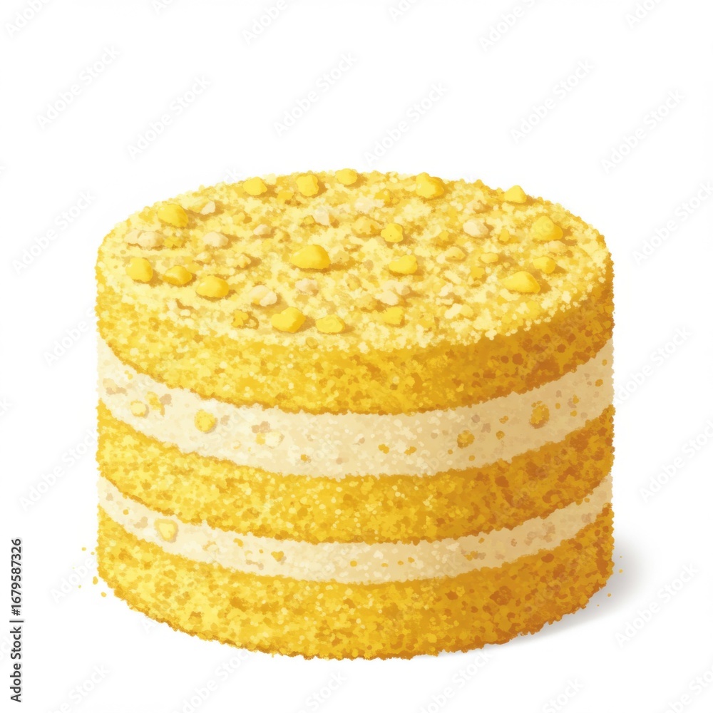 Fototapeta premium Yellow Layered Cake with Cream Icing and Crumble Topping on White Background