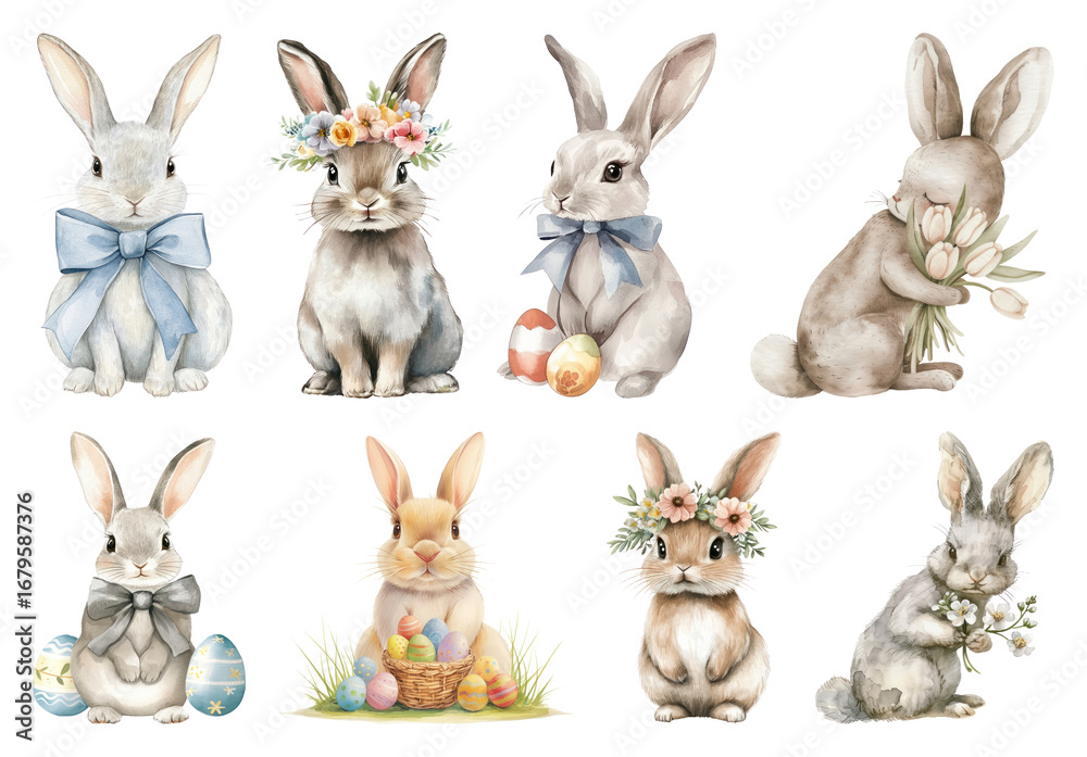 Fototapeta premium PNG Charming watercolor Easter bunnies illustration, element set on transparent background